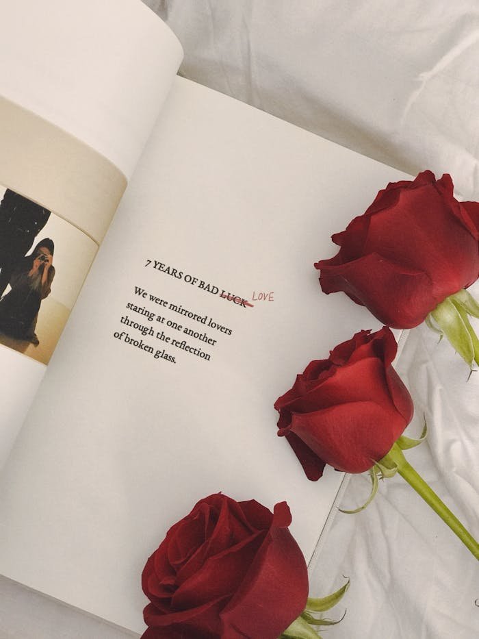 service-01 Open book with edited poem and red roses creating a romantic mood.